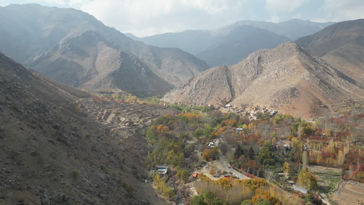 Establishing drone shot of a highland village, fall day in Paghman, Afghanistan