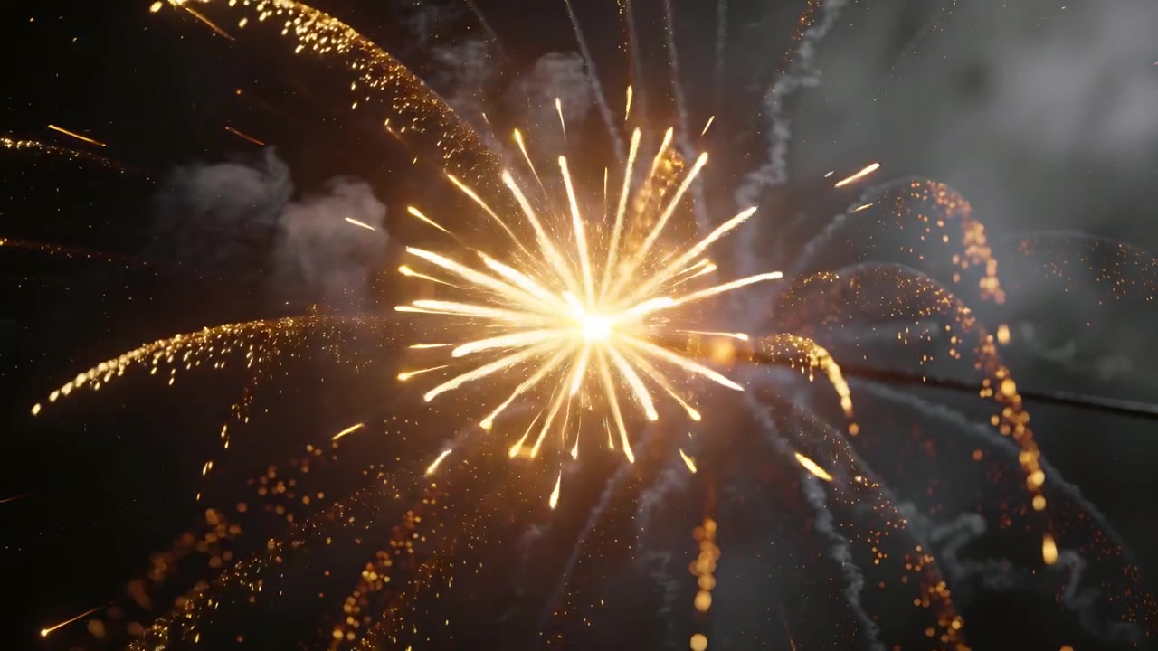 Accensione di una sottile miccia scura, con il punto di innesco che genera un'esplosione di fuochi d'artificio, scintille dorate e pennacchi di fumo.