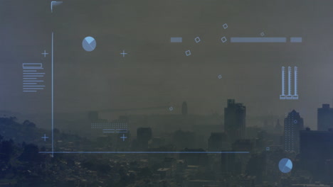 Geometric-shapes-and-data-visualization-animation-over-cityscape-at-dusk