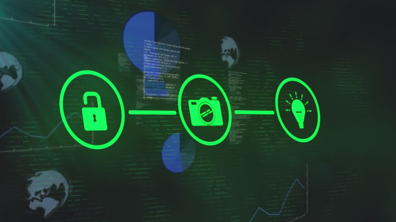 animación de iconos tecnológicos sobre el procesamiento de datos en pantalla digital