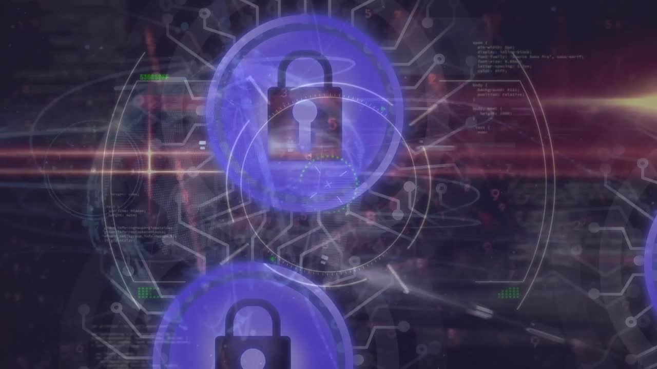 animación de la red de conexiones con globo y candado de seguridad en línea