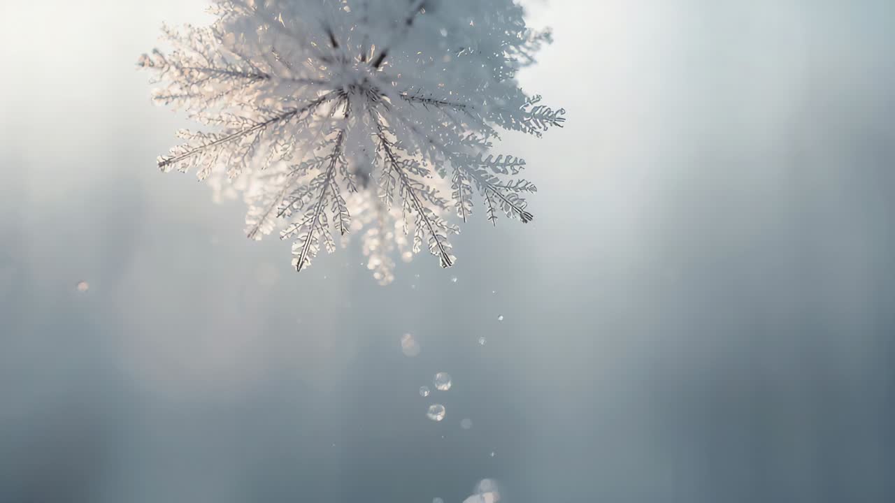 Releasing frost-coated seed head shedding droplets in macro outdoor cold, backlight warming ice