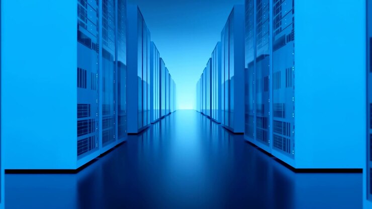 Symmetrical corridor between tall server racks in a modern data center, glowing with cool blue light and a bright vanishing point, with a reflective floor