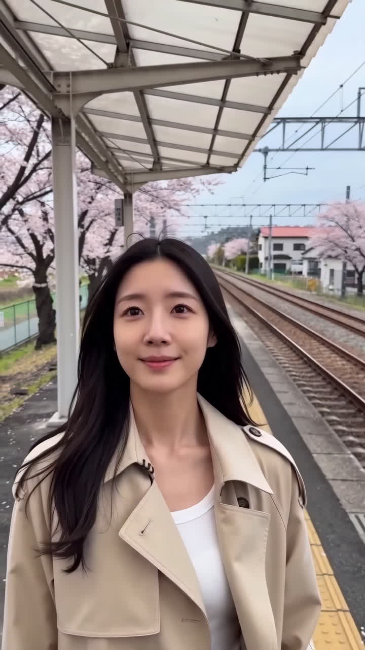 Mujer asiática en una estación con cerezos en flor llevando un abrigo tipo gabardina beige, vestido blanco, maleta vintage sobre pavimento táctil