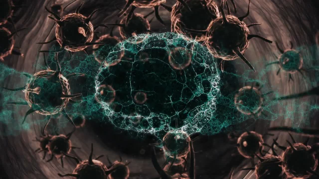 Animation of human brain and dna strand spinning over covid 19 cells floating