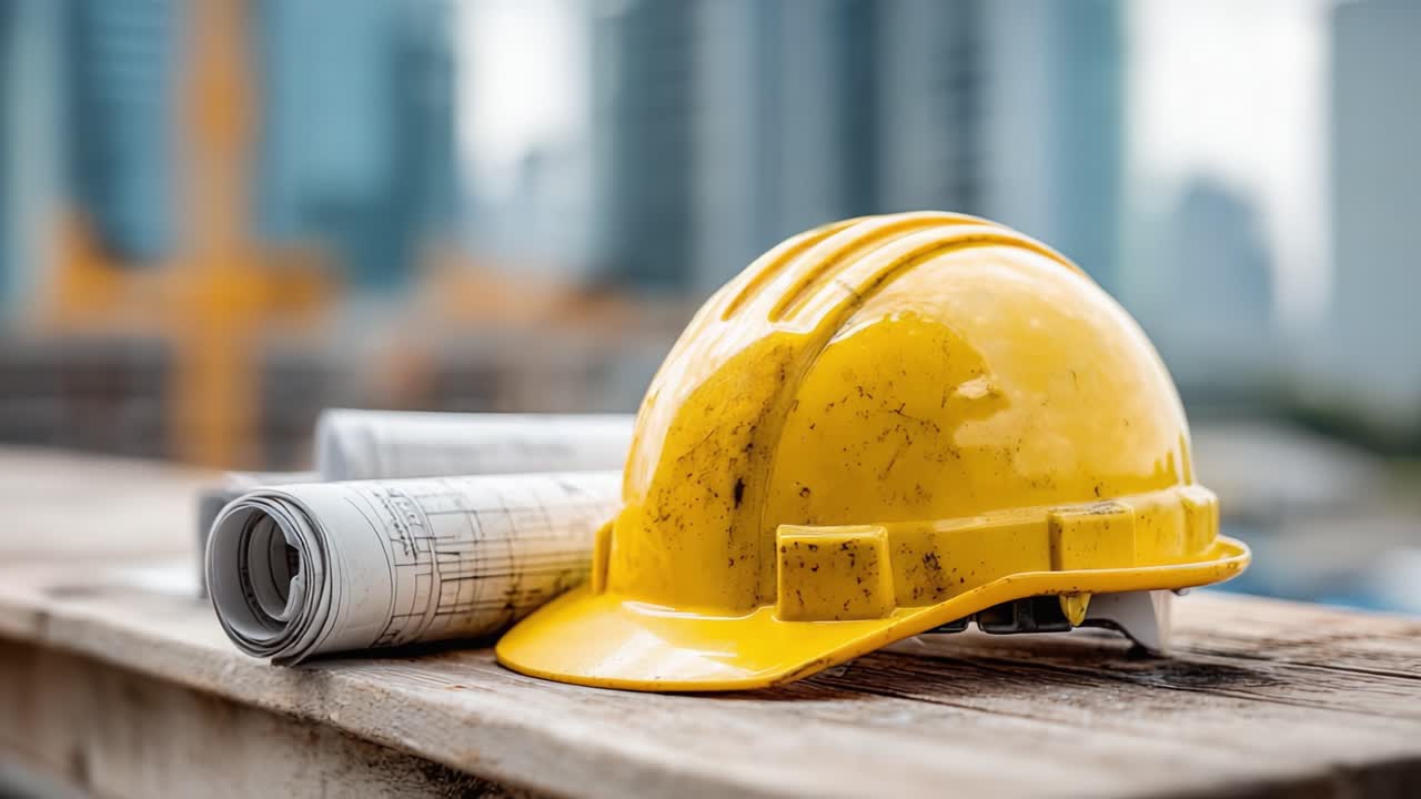 A Close-Up View of a Yellow Hard Hat and Blueprints on a Construction Site, Symbolizing Safety and Planning in Modern Architecture