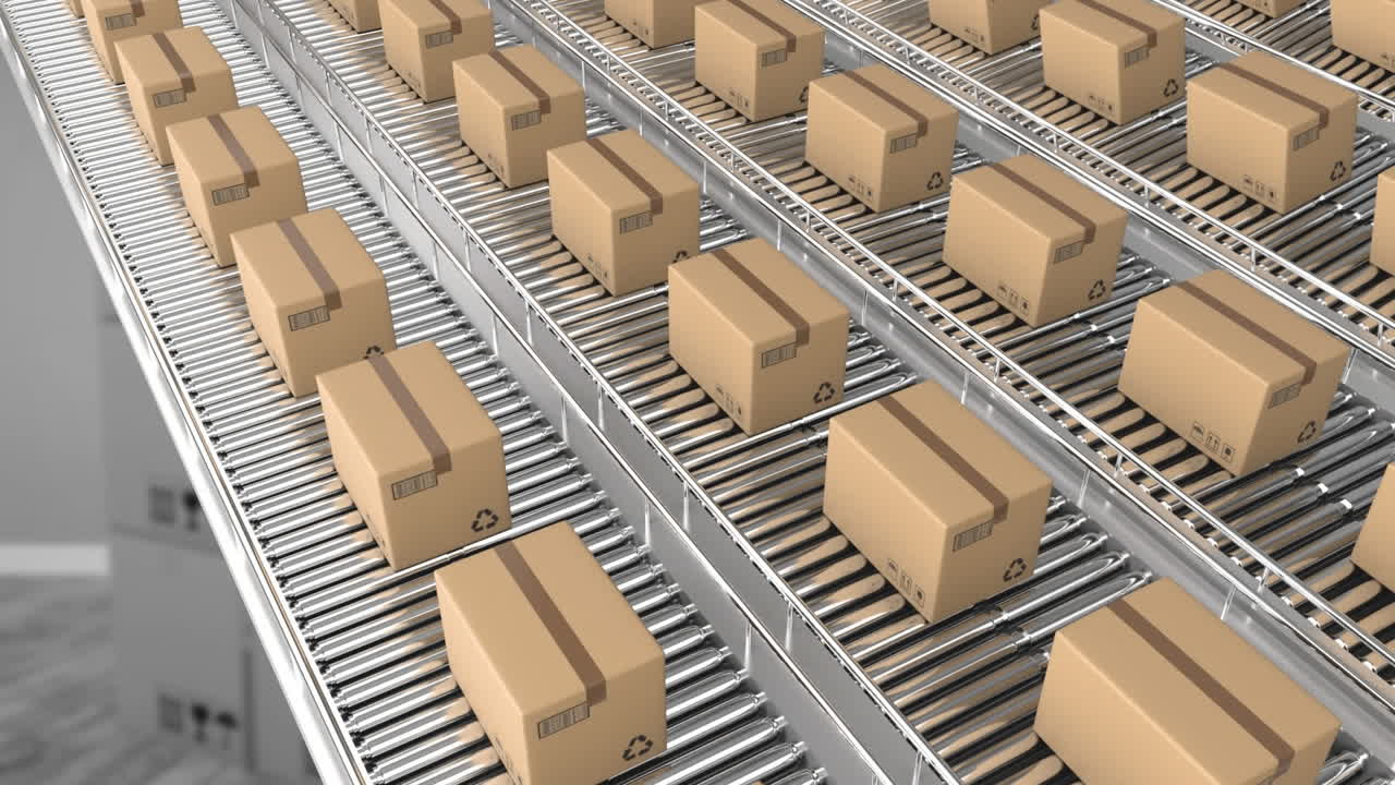 창고 위의 컨베이어 벨트에 있는 상자의 애니메이션