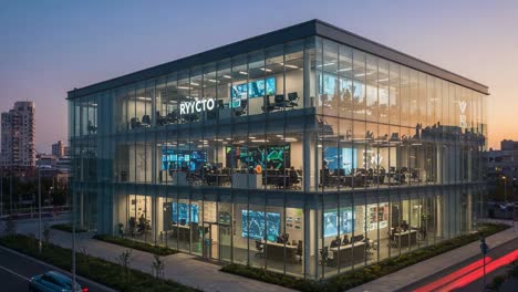 a stunning modern glass building at dusk with illuminated workspaces, showcasing advanced technology and emerald green lights enhancing the urban environment