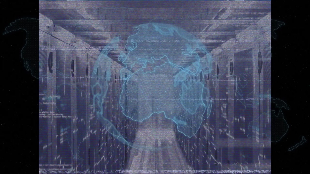 Animation of interference and globe with data processing over server room