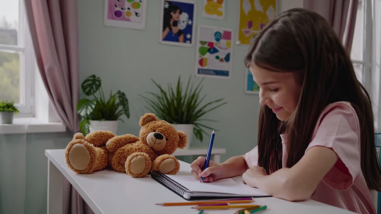 A cozy video scene of a girl drawing at a desk, captured from a side angle