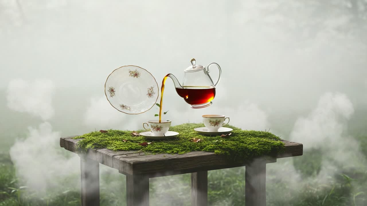 A Enchanting Tea Experience: Delicate Teapot Surrounded by Floating Teacups in a Mystical Foggy Setting with Greenery and Whimsical Energy