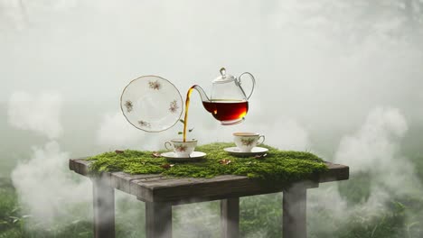a enchanting tea experience: delicate teapot surrounded by floating teacups in a mystical foggy setting with greenery and whimsical energy