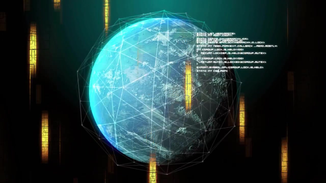 Starting 3D globe rotating wireframe, golden bars rising and pulsing, code streaming data insight