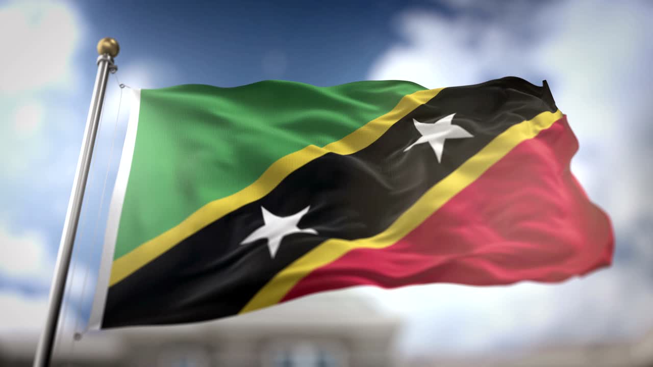 la bandera de saint kitts y nevis ondeando en cámara lenta 3d con fondo de cielo azul - bucle sin costuras 4k
