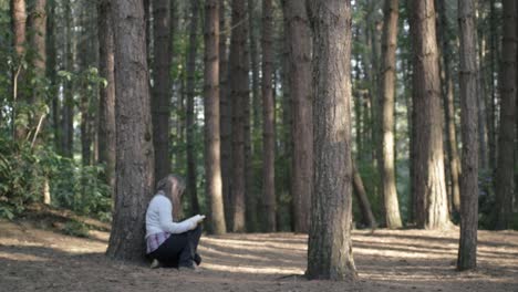 woman reading book in pine forest wide shot