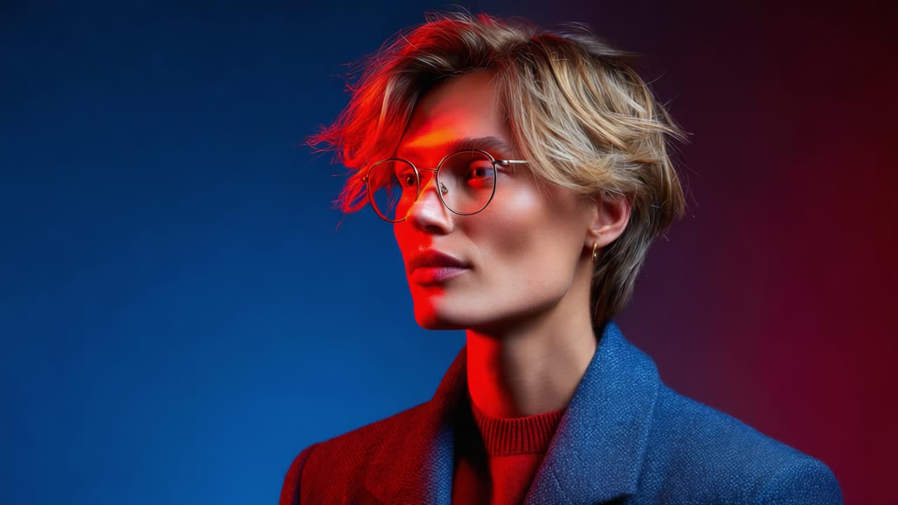 A Stylish Portrait of a Young Model with Short Hair and Glasses Against a Vibrant Blue and Red Background, Exuding Confidence and Modern Fashion Trends