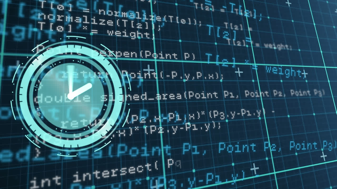 Animation of neon ticking clock and data processing over grid network against blue background