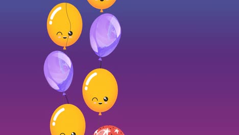 Animación-De-Globos-Amarillos,-Rojos-Y-Morados-Con-Espacio-Para-Copiar-Sobre-Fondo-Morado