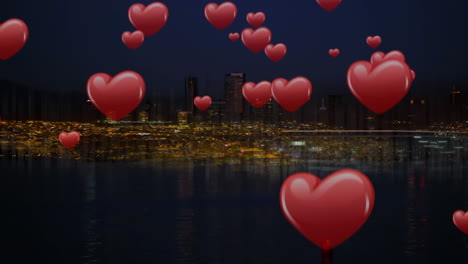 icono de corazones y vista de la ciudad