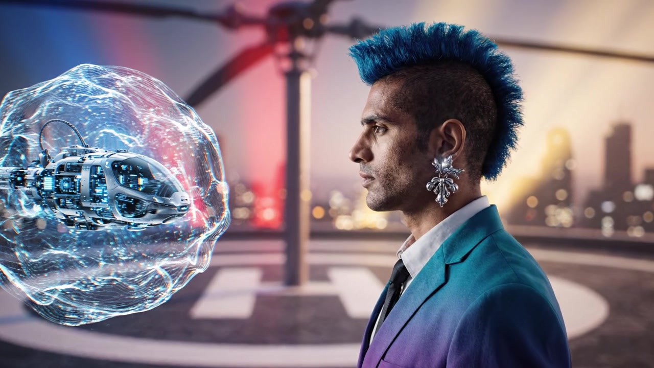 A Futuristic Encounter: A Man with Blue Mohawk and Stylish Suit Stands Before a Hovering Holographic Helicopter on a Rooftop Helipad at Night