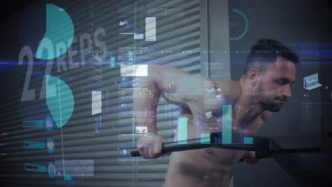 animación del procesamiento de datos sobre un hombre fuerte haciendo ejercicio con equipos de gimnasio