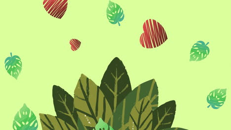 animación de corazón y hojas cayendo sobre fondo verde