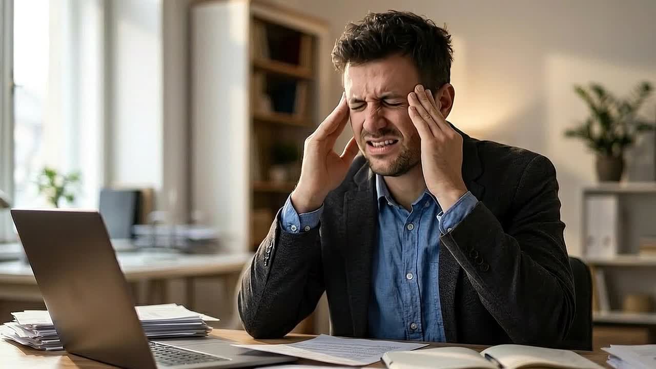 Tired office employee rubbing temples with closed eyes while sitting at desk with laptop papers and books