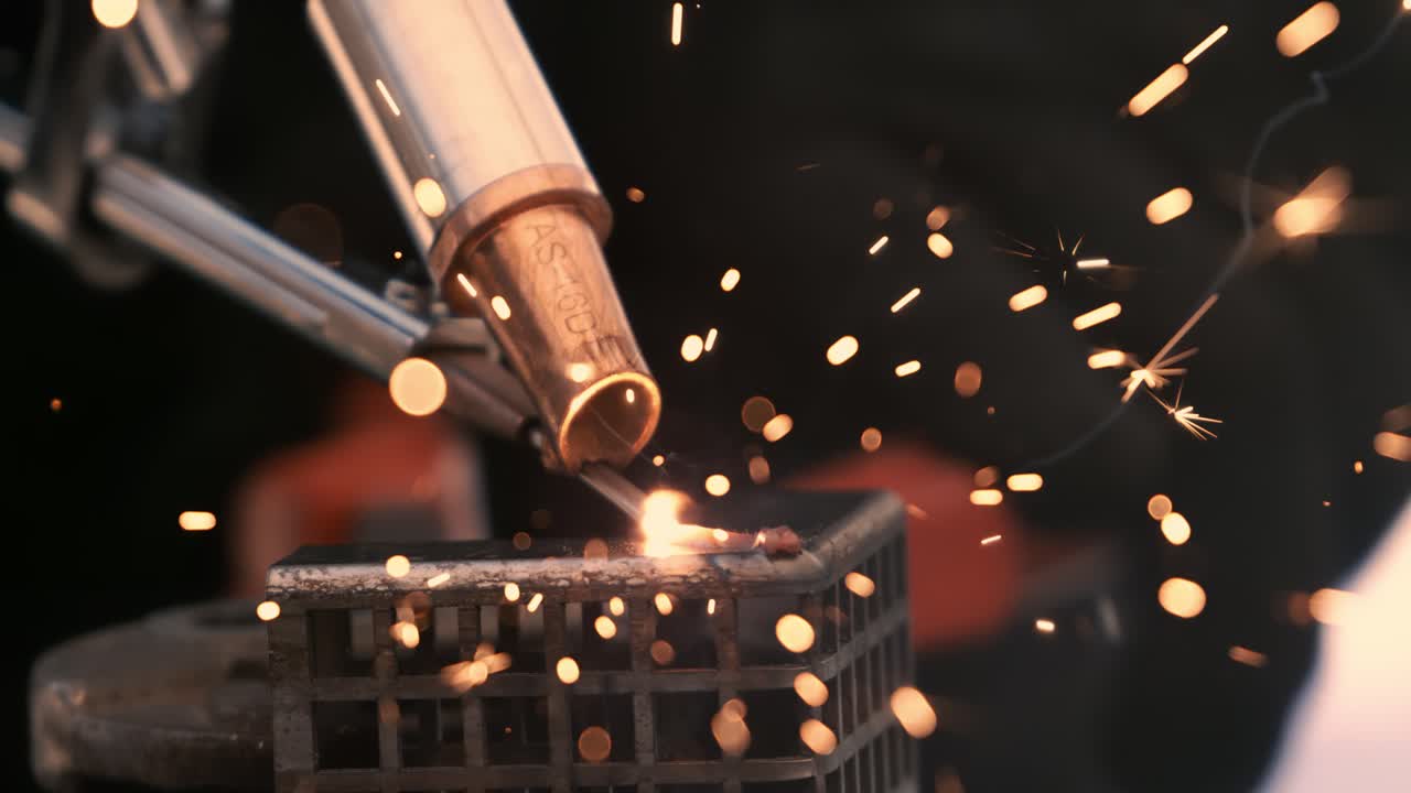 Laser welding machine. Shot on super slow motion camera 1000 fps. Laser welding is shown in close-up