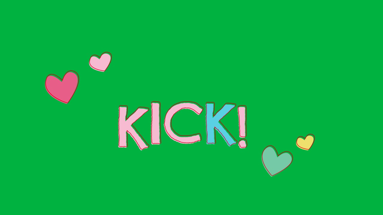 Animazione del testo "kick" in rosa e blu, con cuori su sfondo trasparente.