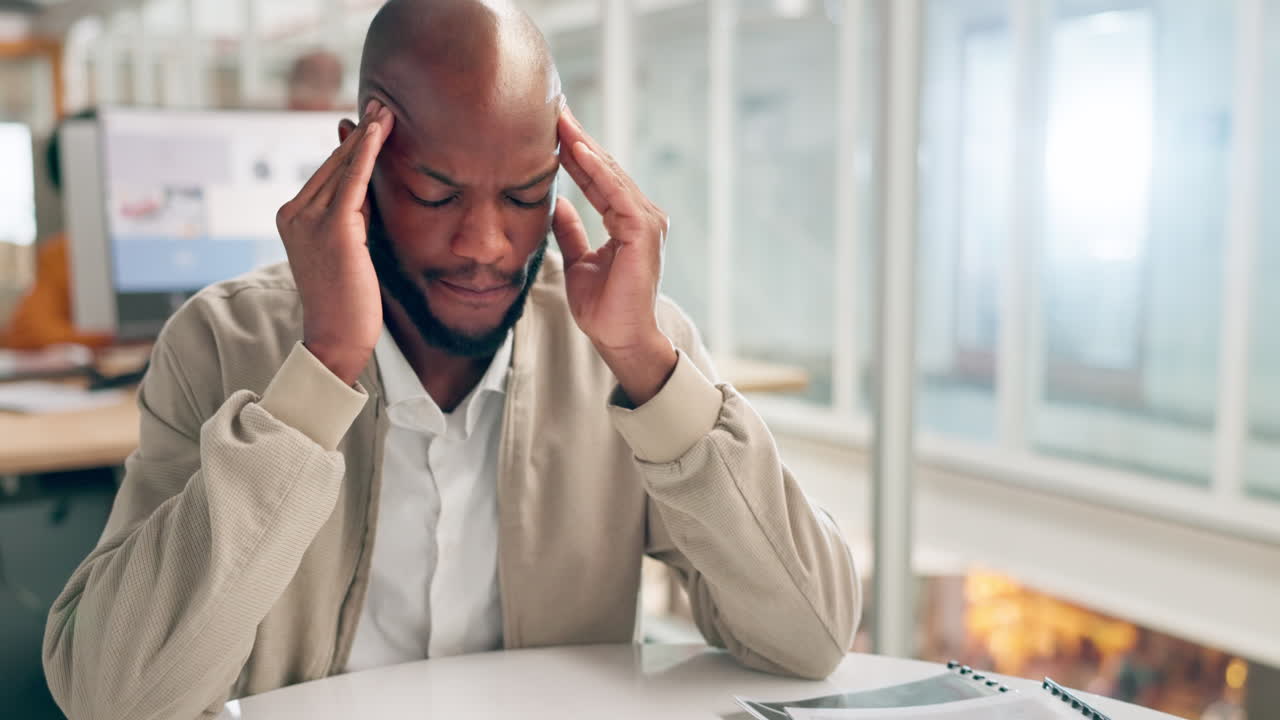 Headache, burnout and businessman with anxiety