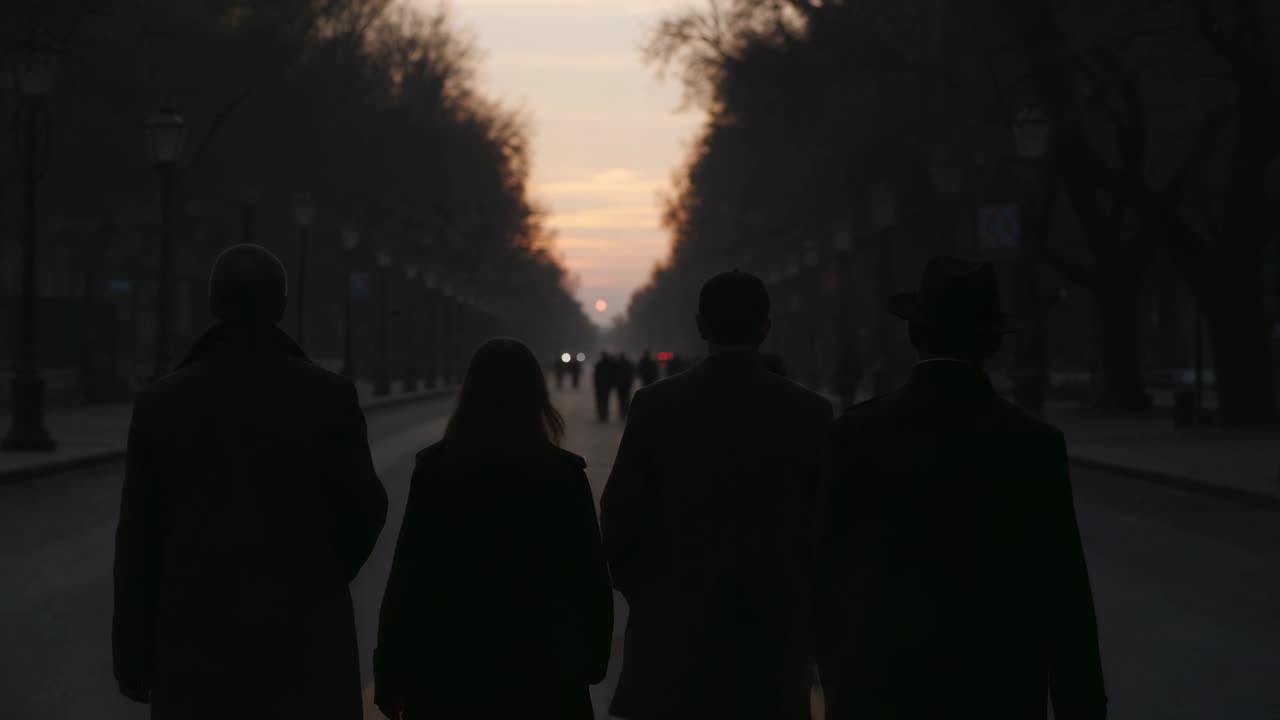 Quattro adulti in cappotti scuri camminano verso il tramonto su un viale alberato, con luci distanti in movimento.