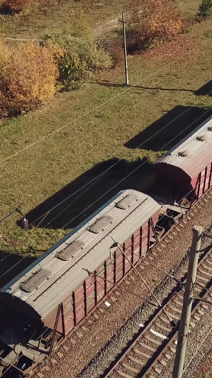 freight train with wagons is passing by rail near landings with trees on the background of fields in warm weather. Aerial view Vertical video