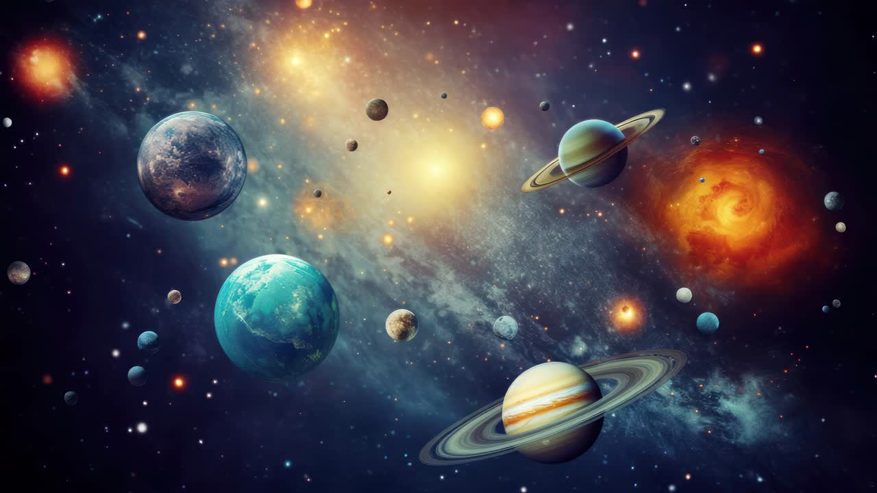 A cosmic video concept featuring a wide-angle view of planets and stars in a vibrant galaxy