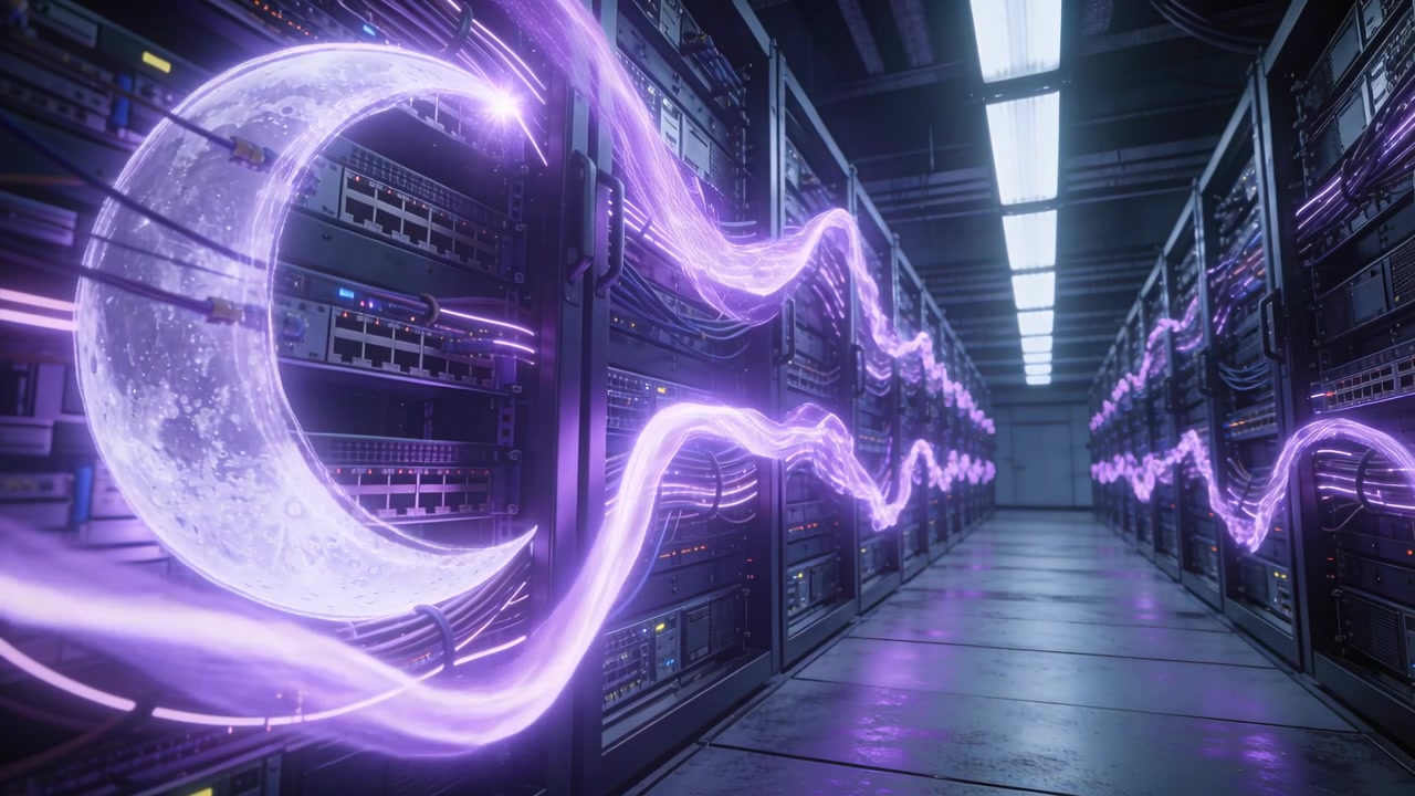 Brightening crescent on left rack in DC sending purple flow along wires showing data, copy space