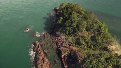 aerial-orbit-shot,-birds-eye-view-of-tropical-uninhabited-small-island-in-the-gulf-of-Thailand