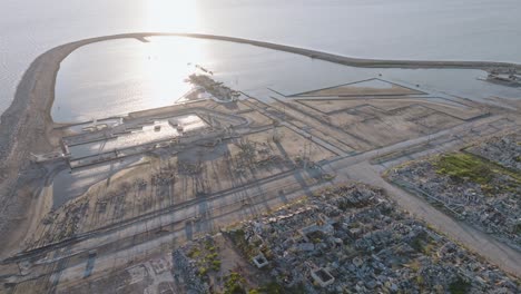 deserted village ruins of epecuén in buenos aires province lake, aerial drone view of forgotten spa resort