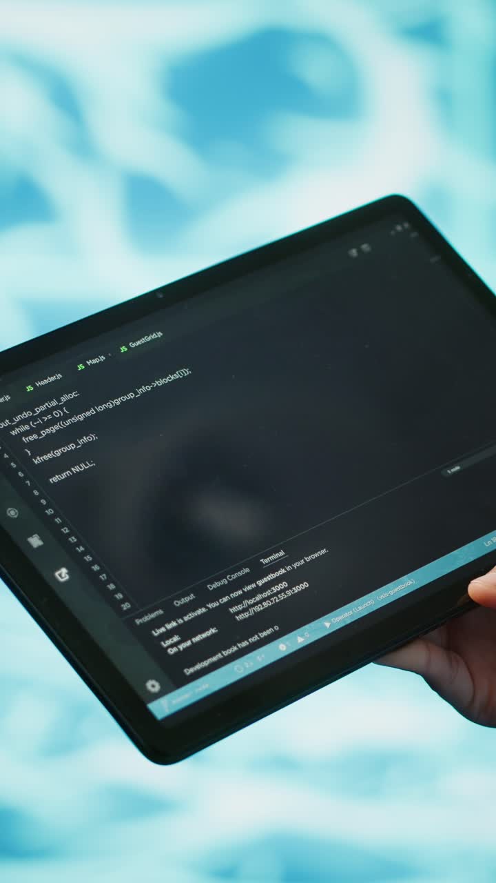 Vertical video Close up shot of computer scientist using tablet in AI company workspace