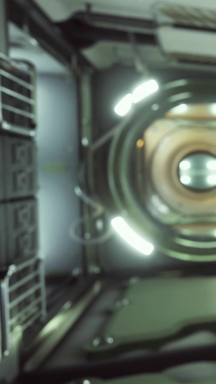 Interior of a spacecraft showing storage compartments and lighting effects