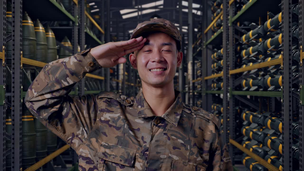 Primer plano de un soldado asiático saludando y sonriendo de pie en un almacén militar de municiones