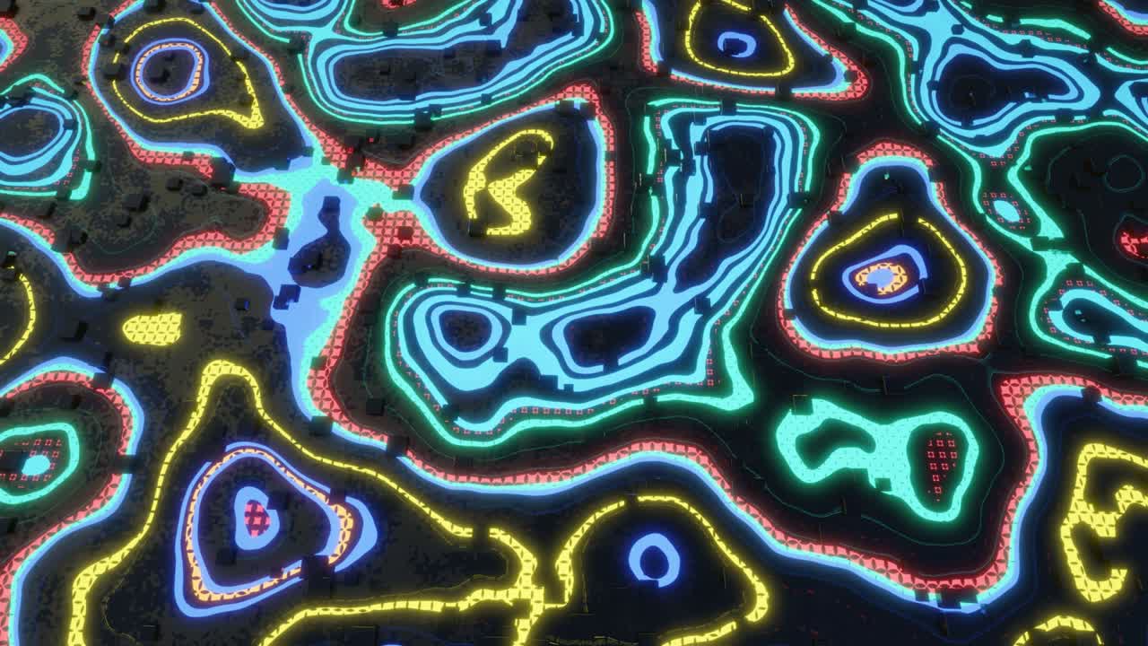 3d objects form sci fi composition on surface 3d pattern. Hi tech pattern on plane surface, neon glow, complex elements and structure. Information technology, futuristic hardware. 4k looped animation.
