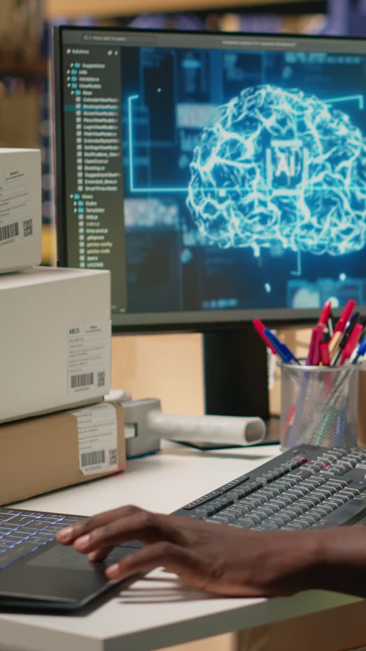 Vertical Video Employee uses AI brain automation to scan airway bill details on tags