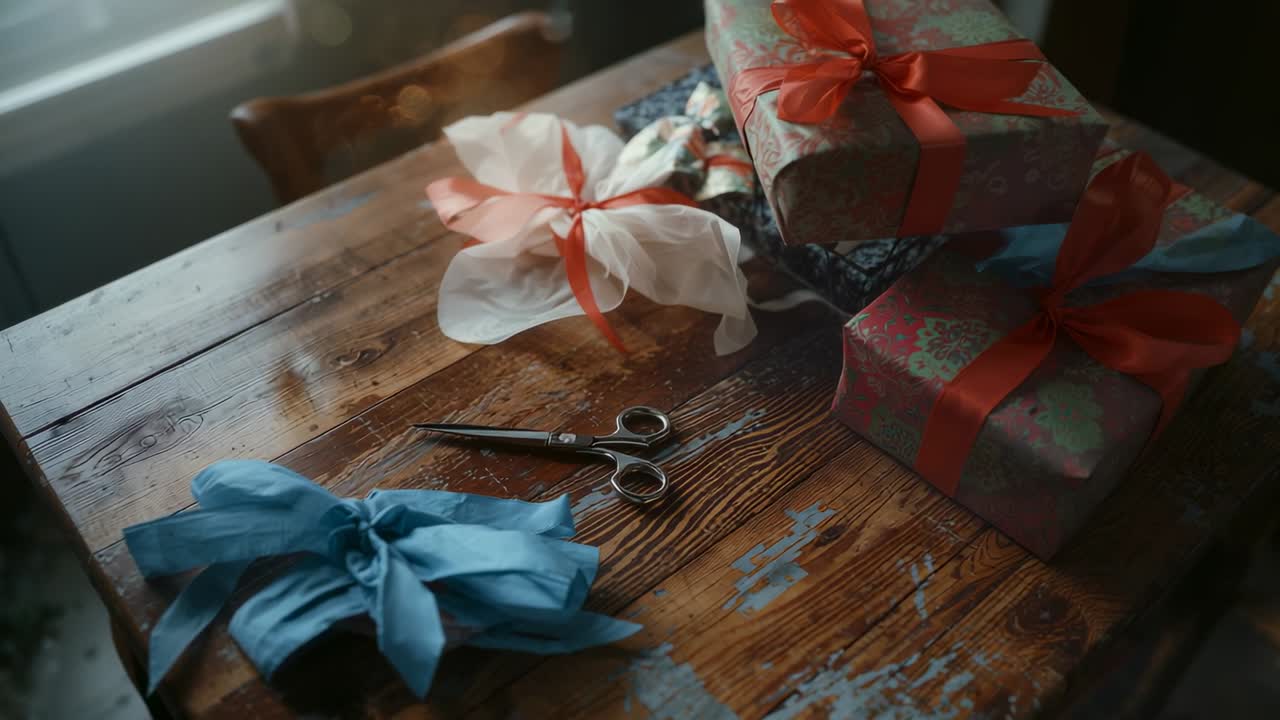 Camera shifting right, zooming in on sunlit table beneath window, showing scissors and gift boxes