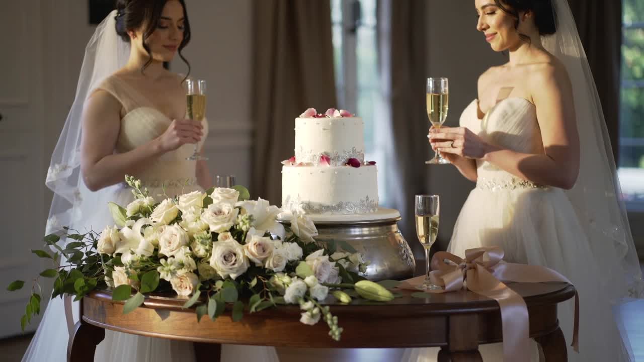 窓からの光が白いドレスの花嫁たちを温め、披露宴でフルートグラスを手に、ケーキへの乾杯の準備をしている。