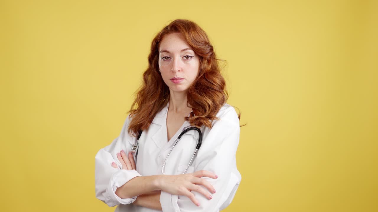 Female Doctor in White Coat with Stethoscope Posing on Yellow Background