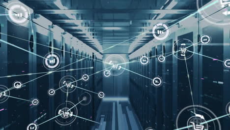 animation of network of shopping cart and data processing icons over server room