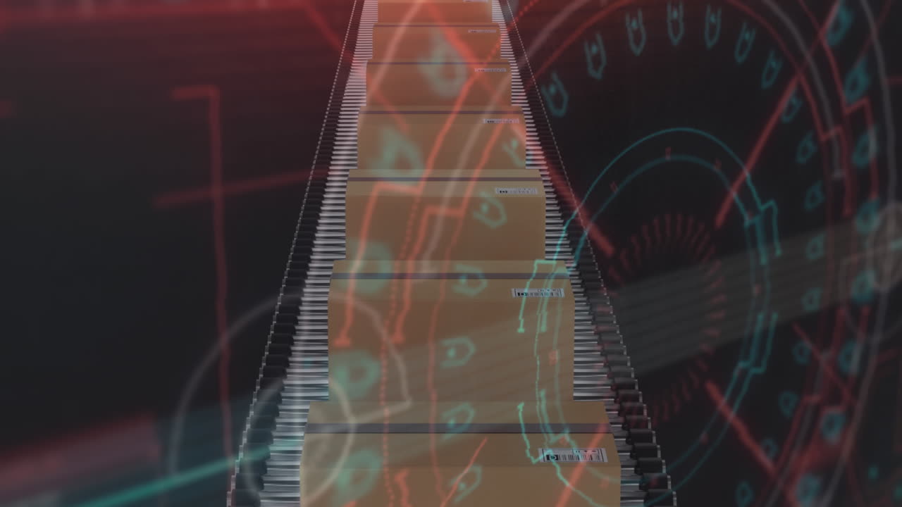Animation of data processing over cardboard boxes on conveyor belt