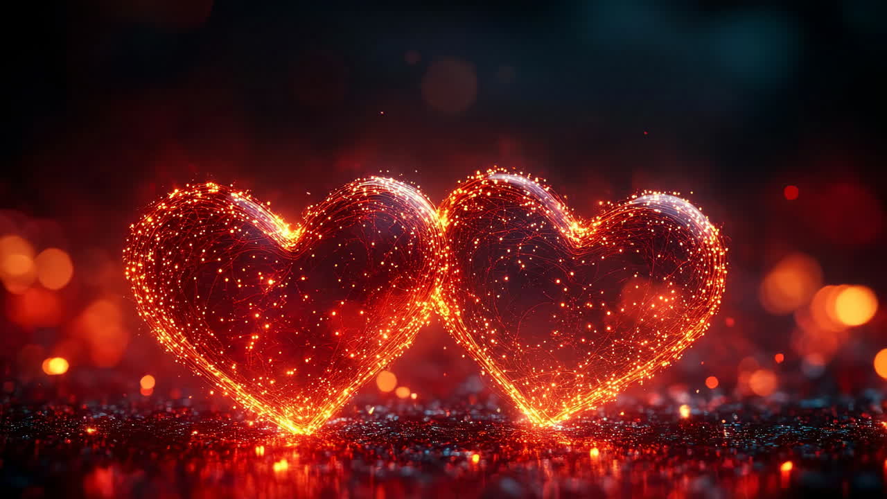 Sparkling hearts glowing in warm light. Two glowing hearts made of sparkling particles sit close together, shining warmly in a dim environment