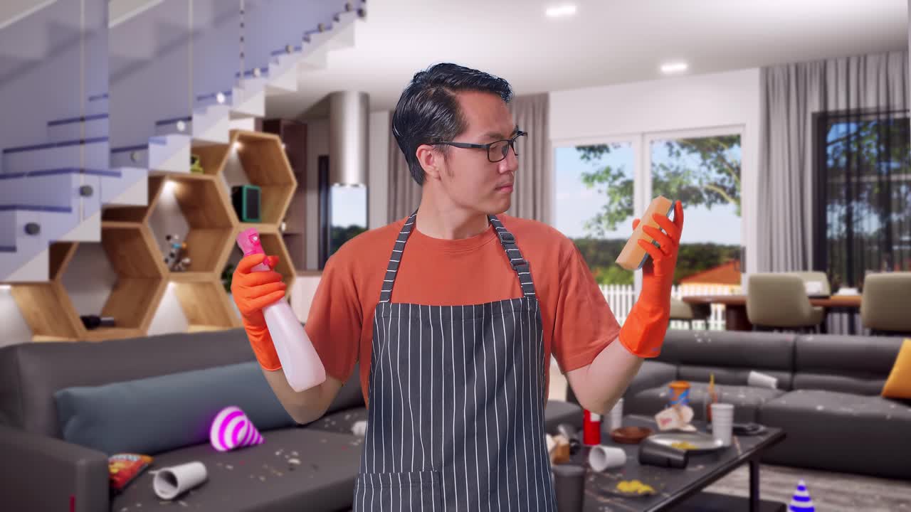 Asian Male Housekeeper With An Apron Looking At Spray And Kitchen Sponge In Hands Then Shaking His Head In House