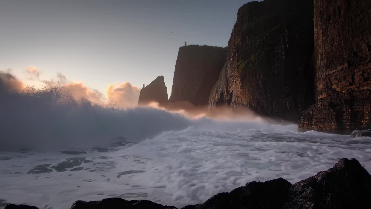 Video dramático de paisaje marino al atardecer, con una toma en ángulo bajo que captura olas rompiendo contra acantilados.