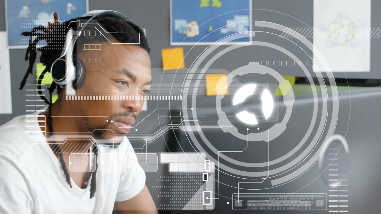 Animation of data processing over african american businessman using phone headset in office